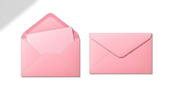 Set of pink envelopes, one open with a blank card inside and one closed, realistic vector illustration isolated on white background