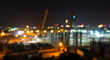 Fototapeta premium Fully out of focus background of a bustling construction site at night, industrial lights and cranes