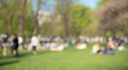 Fototapeta premium Fully out of focus background of a busy city park event, blurred people on grass and trees, daylight