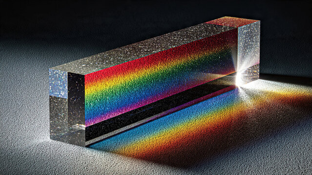 Glass triangular prism refracting a white light beam into a vivid full rainbow spectrum on a dark textured surface