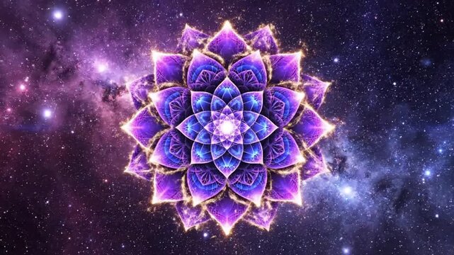 Abstract digital illustration of a glowing purple flower and a cosmic background