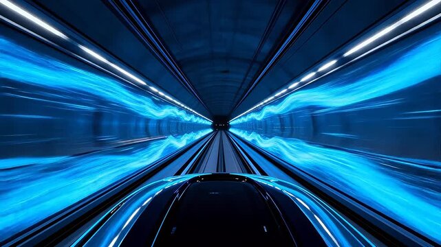 Futuristic train moving through blue illuminated tunnel