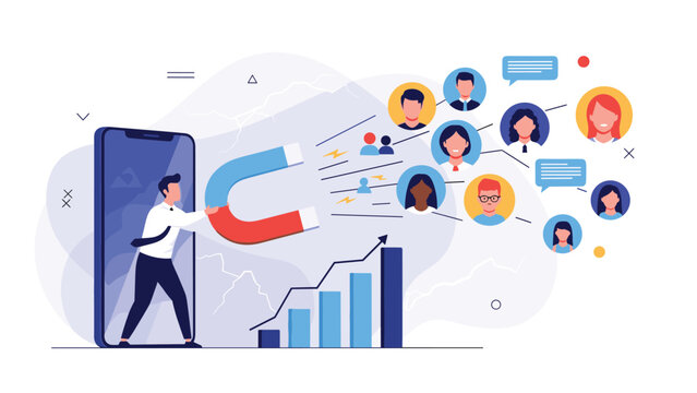 Modern inbound marketing strategy concept showing professional using a giant magnet to attract potential customers through mobile technology.
