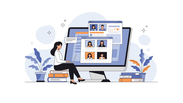 Woman sitting on stacks of books using a laptop next to a large computer showing multiple user profiles for remote work or online learning.
