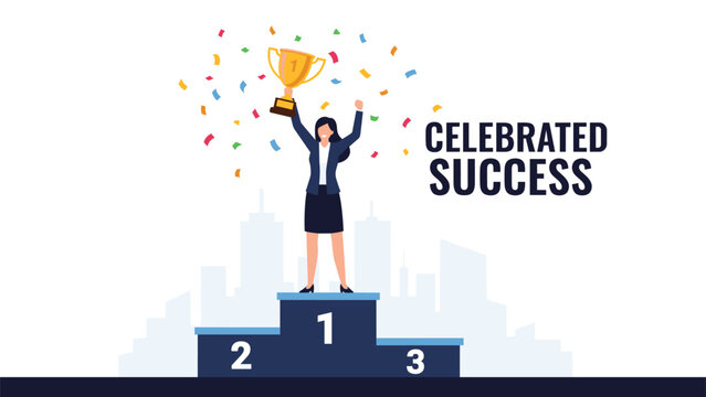 Successful business woman being celebrated for achievement while standing on the first place podium and holding a gold winner trophy.
