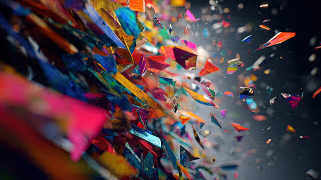 Colorful painted crystal block shards exploding outward with fragments in blue yellow red orange on grey background