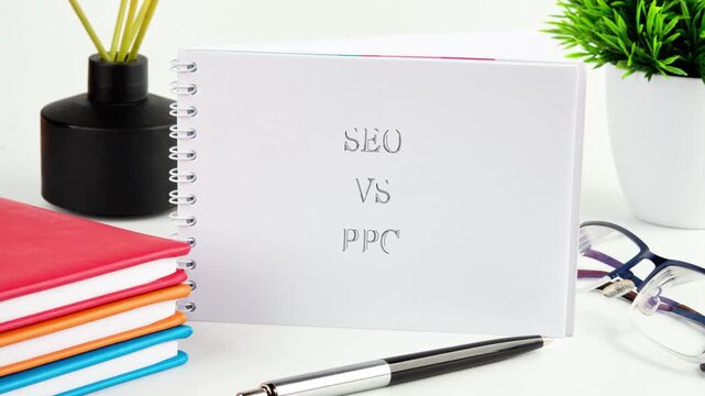 Words SEO VS PPC appear on a white spiral notebook, surrounded by various office items including colorful books, a pen, and eyeglasses