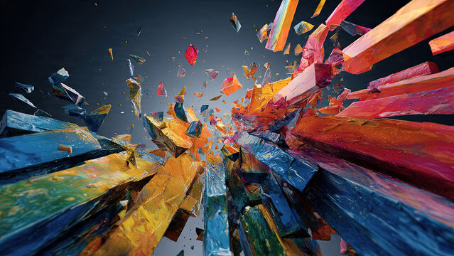 Colorful painted crystal block shards exploding outward with fragments in blue yellow red orange on grey background