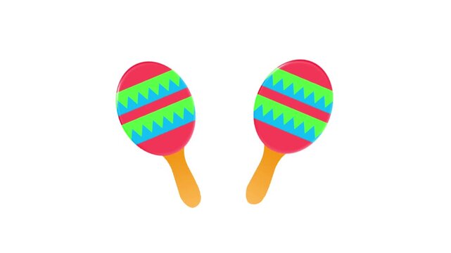 A pair of colorful patterned maracas shaking and vibrating on an isolated white background.