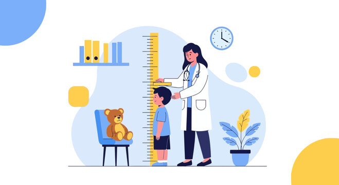 Pediatrician measuring child's height on stadiometer in clinic, teddy bear and plant nearby