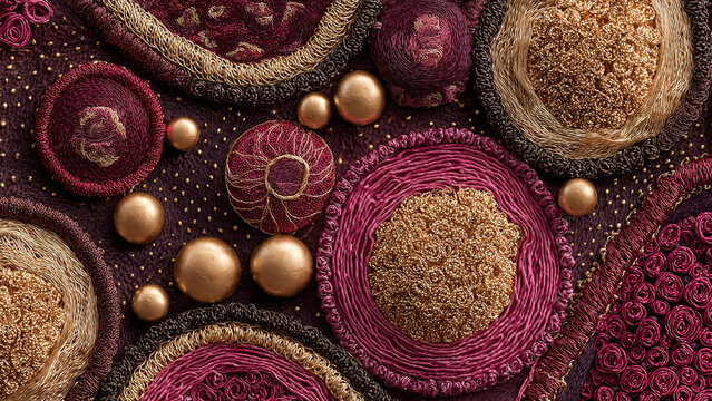 Macro closeup of intricate pink and gold embroidered spiral rose cell pattern on dark burgundy fabric background