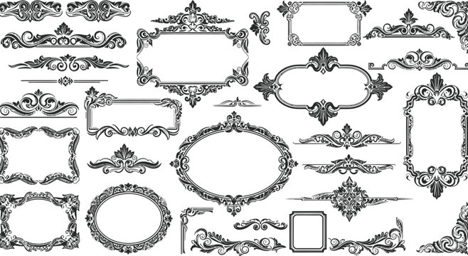 Frames and decorative borders with vintage flourishes provide elegant elements for graphic layouts.