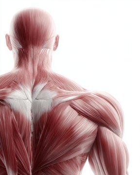detailed anatomical illustration of human muscular system from back view, layered muscle groups medical diagram