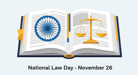 National Law Day, legal symbols, book with scales, India, November 26