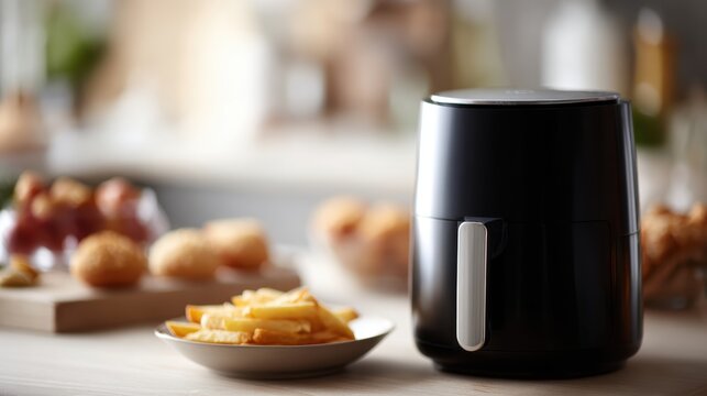 Woman at home using trendy air fryer, cooking without oil, healthy alternative to deep frying, modern lifestyle