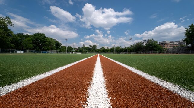 A low angle wide shot of a sports field with contrasting brown dirt and green turf leading towards the horizon under a bright blue sky with white