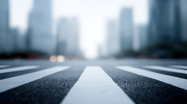 Urban street with clear zebra crossing in foreground, modern city buildings background, clean city infrastructure, safety and mobility concept