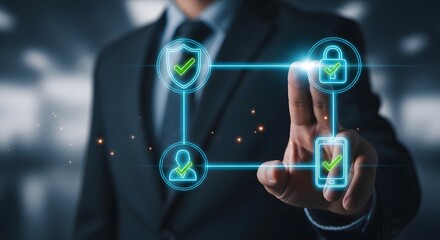 Fototapeta premium Futuristic cybersecurity concept a business professional interacting with digital security interfaces