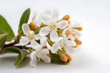 Fototapeta premium A close-up photo of white flowers and green leaves on a branch with yellow stamens and buds.