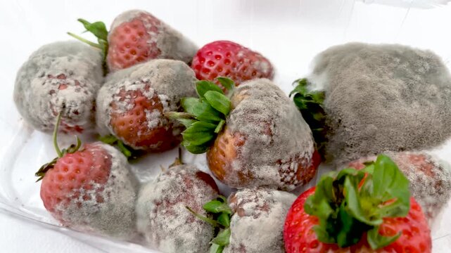Moldy Strawberry Closeup Rotten Fruit Decay Fungal Texture Unhealthy Food Spoiled Organic Berry Macro Contamination Background