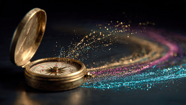 Antique gold pocket compass open on dark surface with colorful pink teal glitter light trails swirling outward