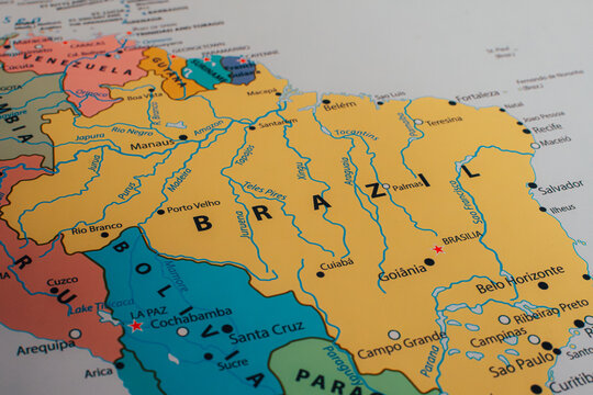 Close-up of a geographic map of Brazil and South America, showing major cities and the Amazon river basin.