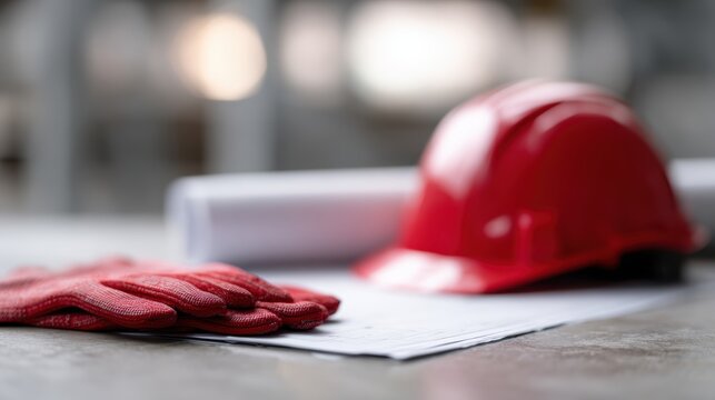 emergency response plan document with safety helmet, gloves and industrial risk diagram on table
