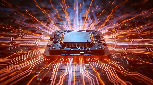 Computer processor circuit board with glowing blue traces