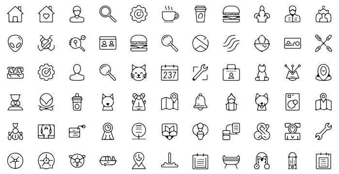 A detailed collection of diverse thin line icons featuring various symbols for digital interface design including people, food, objects, animals, and common navigation UI elements