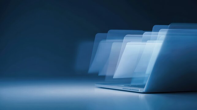 digital file folders emerging from laptop screen, efficient data organization and document management workflow, high tech blue background