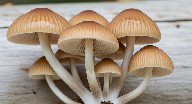 Cluster of mushrooms growing on a weathered wooden surface outdoors