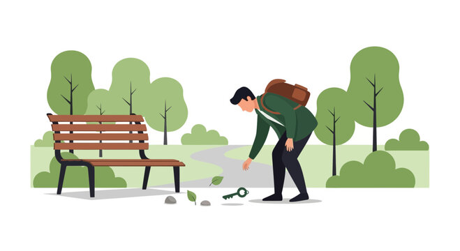 Man finds lost key on park path near bench, searching for lost item