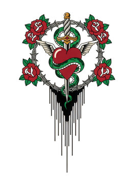 Vintage tattoo flash illustration, red heart with dagger and snake, barbed wire wreath with roses, traditional gothic emblem for apparel design