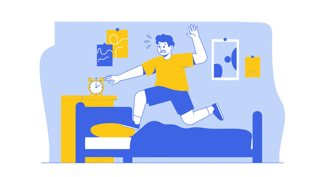 Man jumping out of bed startled by alarm clock, late for work concept