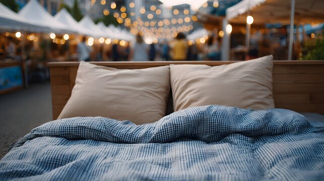 Cozy bed set up in a bustling night market illuminated by decorative string lights