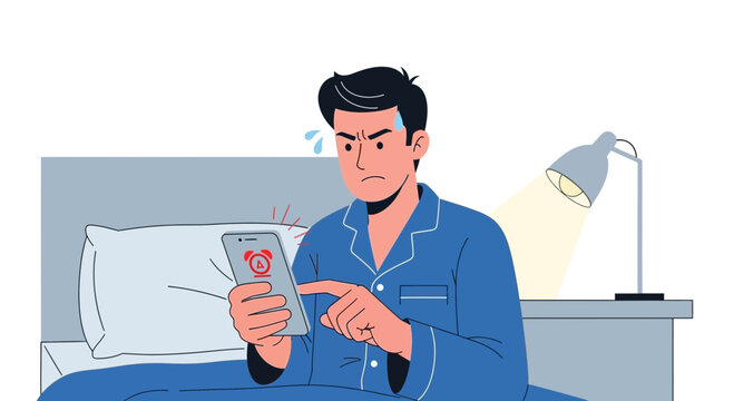 Man Wakes Up Late, Alarm Ringing on Phone, Stressed Morning Routine