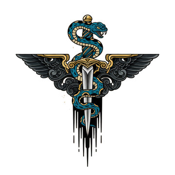 Vintage tattoo style dagger with coiled snake and wings, ornate sword and serpent emblem, dark aesthetic blade illustration for apparel design