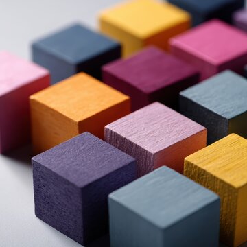 colorful geometric wooden puzzle blocks arranged together, logical thinking and business strategy solution concept