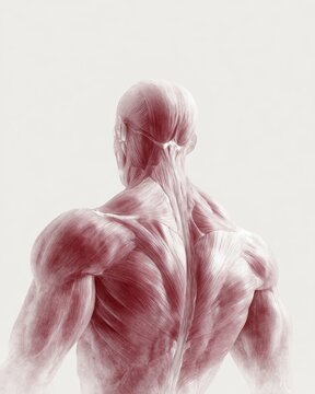 detailed anatomical illustration of human muscular system from back view, layered muscle groups medical diagram