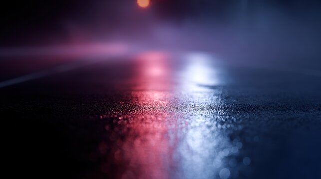 wet asphalt reflecting neon lights with smoke and searchlight in dark empty street, cinematic night city background