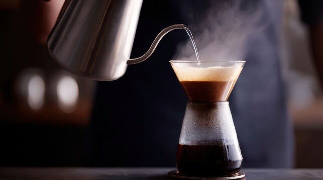 Professional barista brewing pour over coffee with chemex, coffee shop lifestyle