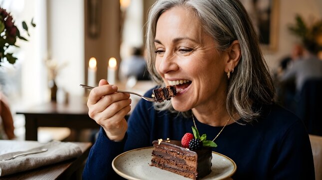 Mature woman eating chocolate cake close-up