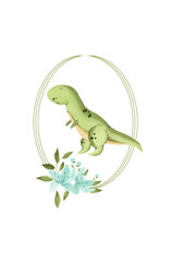 Naklejka premium Watercolor hand drawn oval frame with green dinosaur t rex and blue floral bouquet