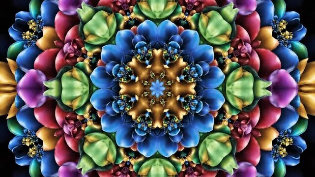 Abstract floral kaleidoscope pattern with vibrant colors and symmetrical design