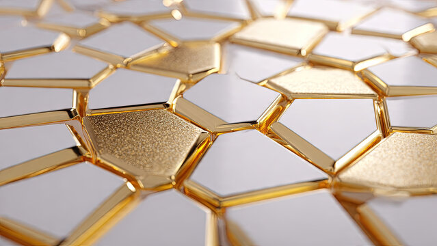 Macro closeup of shiny gold metallic hexagonal voronoi tile pattern on white surface with shallow depth of field