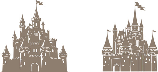 Obraz premium Fairy Tale Castle Silhouettes on White Background