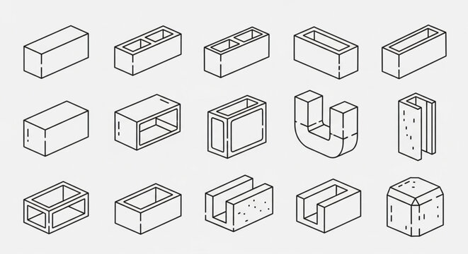 Isometric Line Art of Various Concrete Block Types