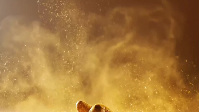 Floating Turmeric Roots And Powder With Golden Dust On Minimal Earth Tone Background Natural Wellness 3D Animation