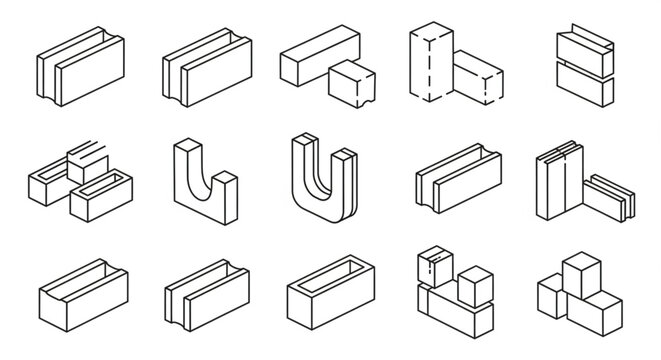 Isometric Line Art of Various Brick and Block Types