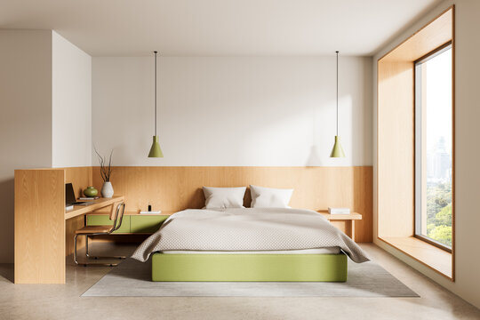 Bright minimalist bedroom interior with wooden accents, green decor elements, large window and modern workspace in harmonious contemporary design showcasing serene atmosphere. 3D Rendering